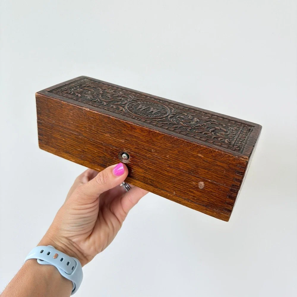 Antique Wheeler & Wilson Sewing Machine Carved Wood Accessory Box W&W Logo Decor